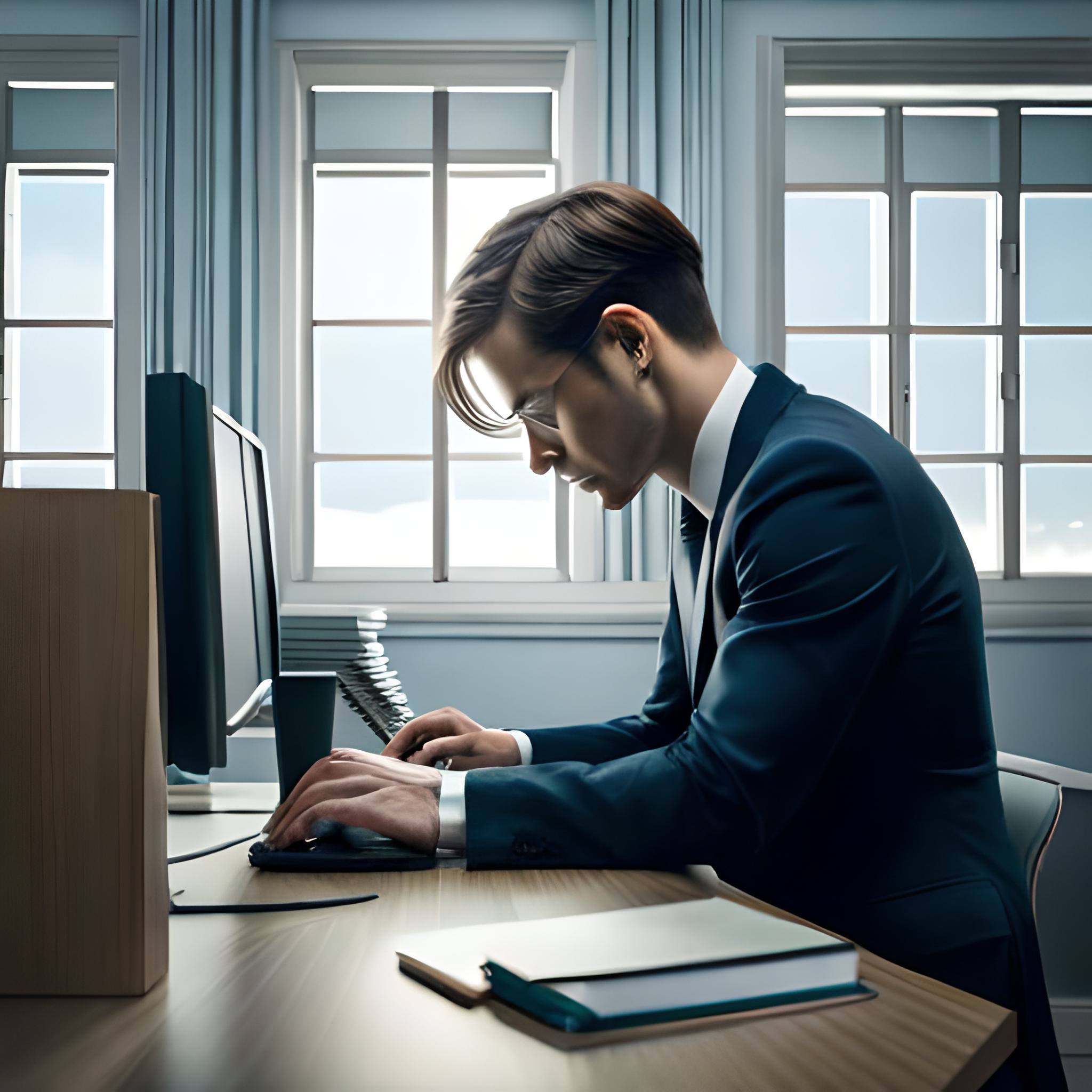 A person hunched over their desk, typing furiously. They look like they're under a lot of pressure