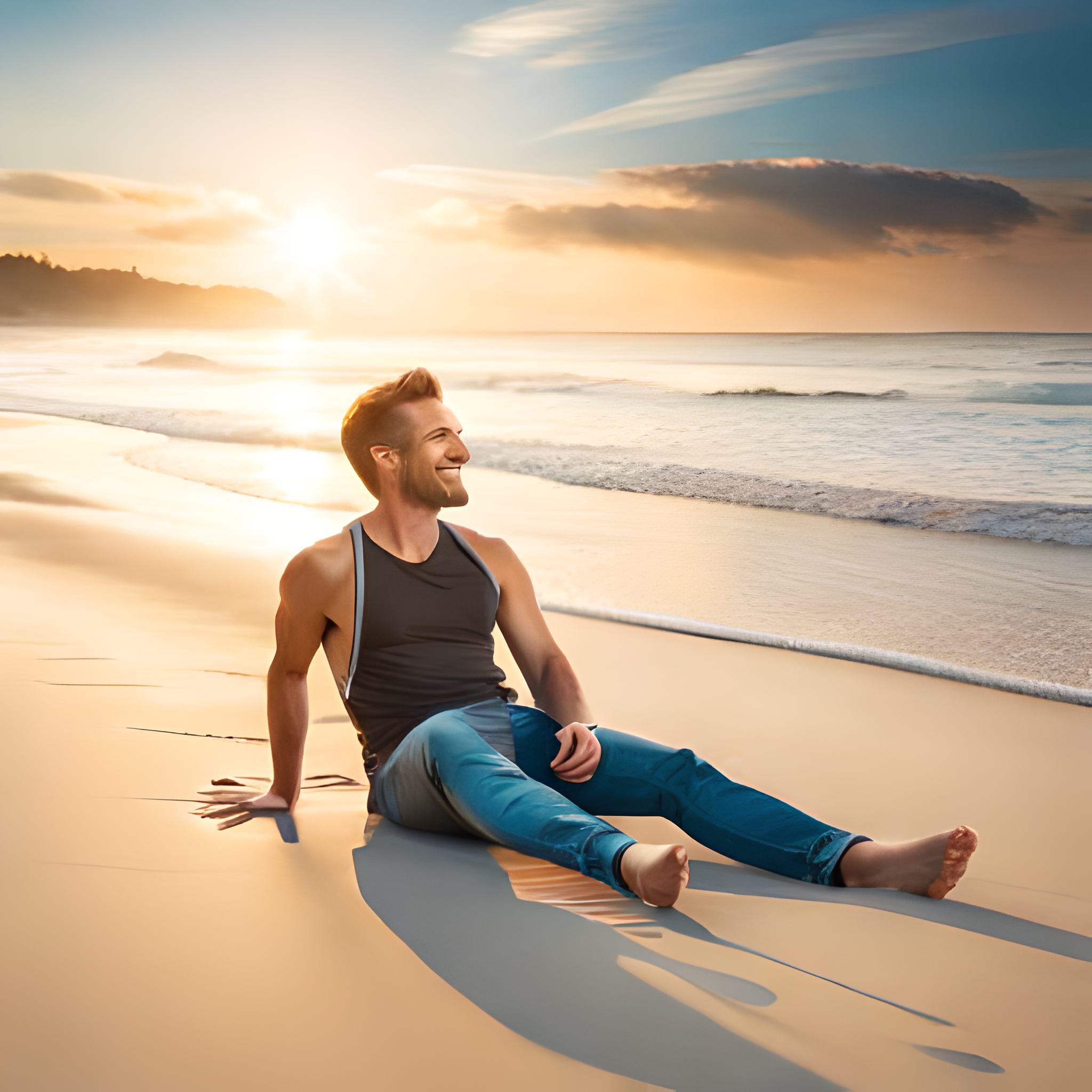 A person lying on a beach, soaking up the sun. They look happy and relaxed